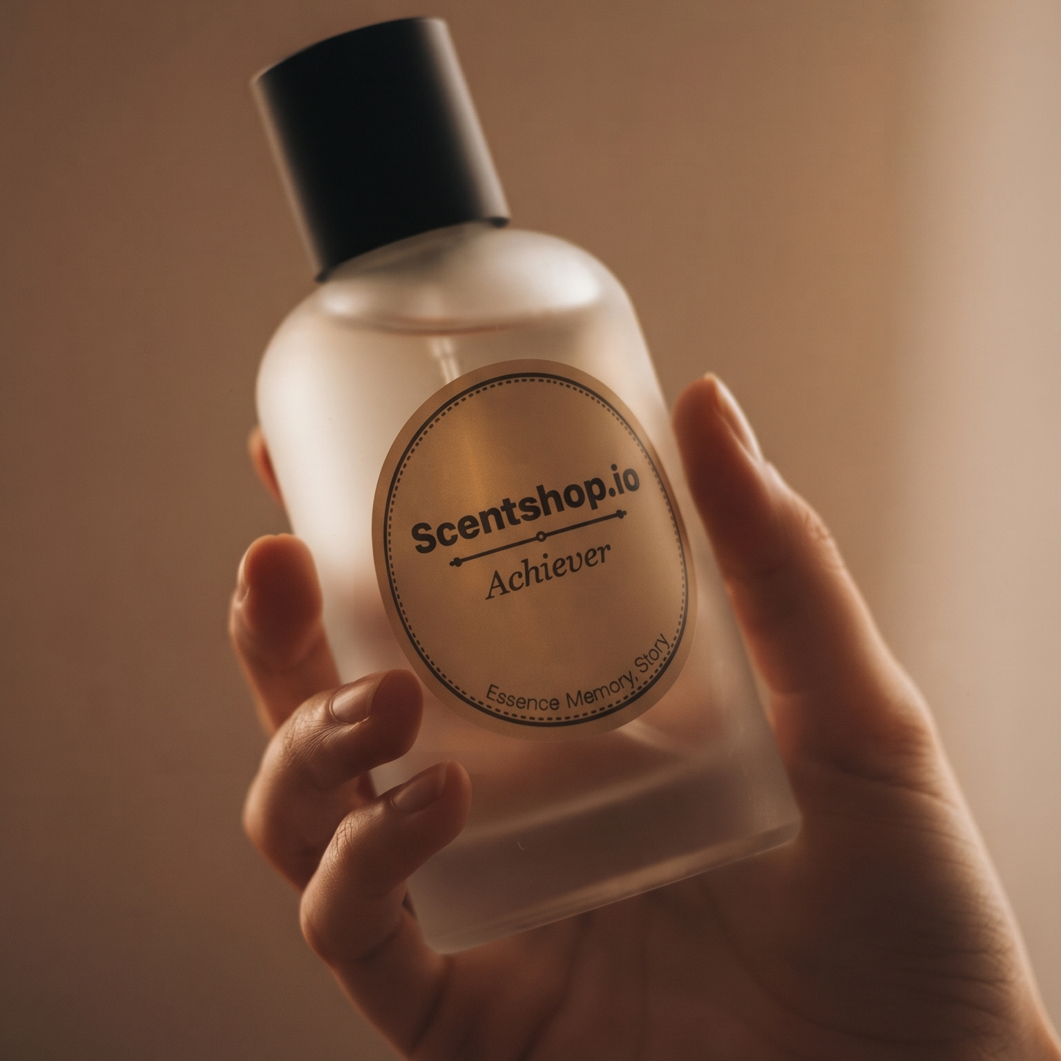 A hand holding a frosted glass bottle of Scentshop.io Achiever Essence Memory Scent with a black cap against a warm, solid brown background.