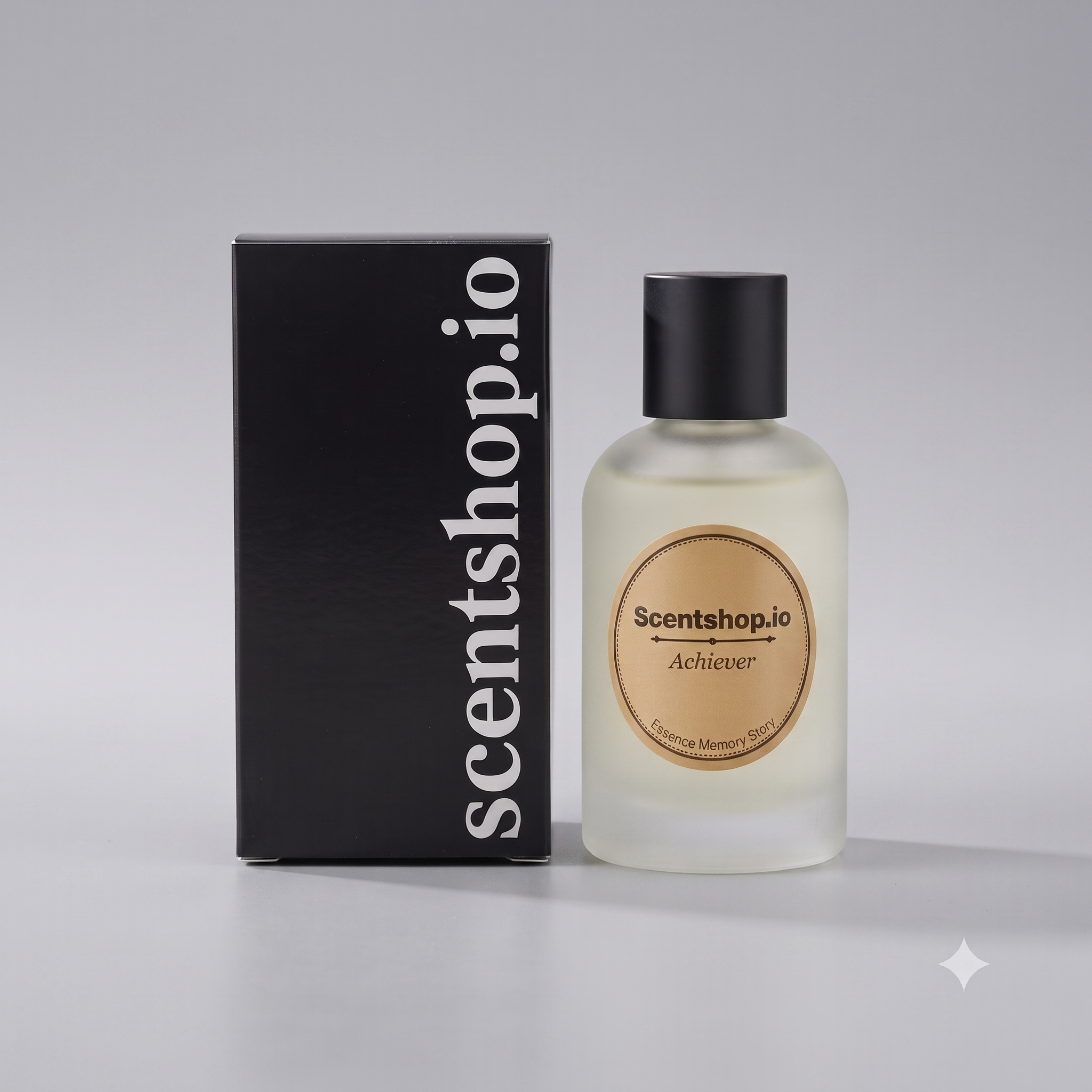A bottle of Scentshop.io Achiever Essence Memory Scents next to its black packaging box with white vertical text, set against a neutral gray background.
