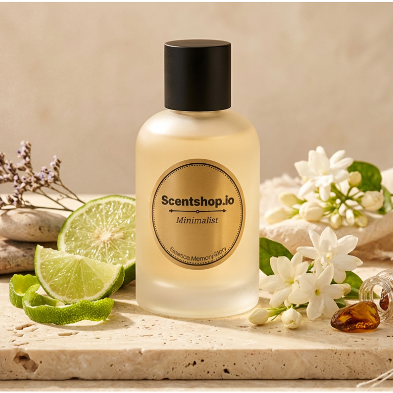 A frosted glass bottle of Scentshop.io Almond Blossom diffuser oil with a black cap, styled on a stone slab with lime slices, white blossoms, and a linen cloth.