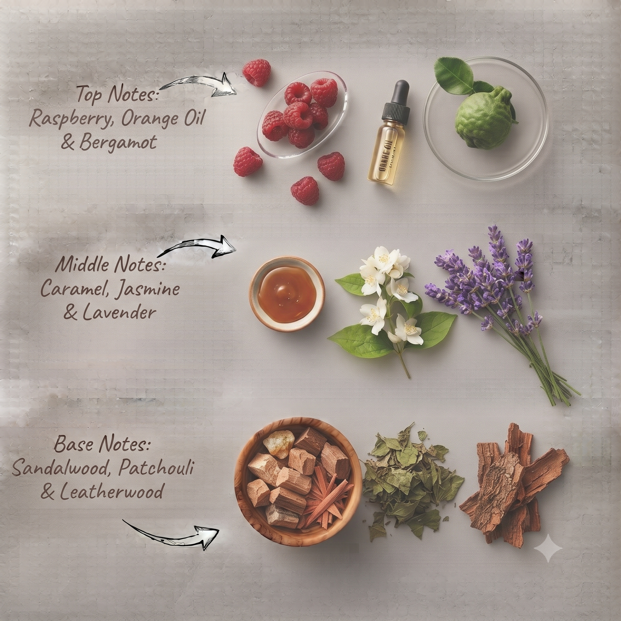 A styled flat-lay of fragrance ingredients arranged on a light gray textured surface, with handwritten text labeling top notes, middle notes, and base notes. Visible items include raspberries, a small amber dropper bottle, a green bergamot, a bowl of amber liquid, white jasmine flowers, purple lavender stems, dried green herbs, and pieces of sandalwood and patchouli.